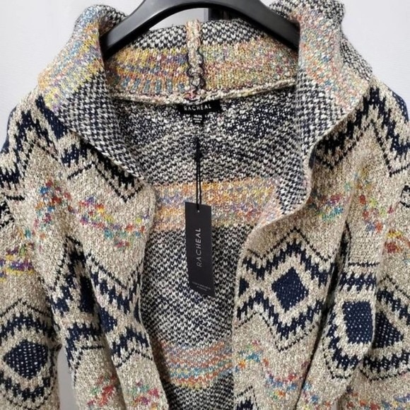 Cozy Boho Belted Hoodie Geometric Open Front Cardigan - Free People Vibes - Picture 2 of 11